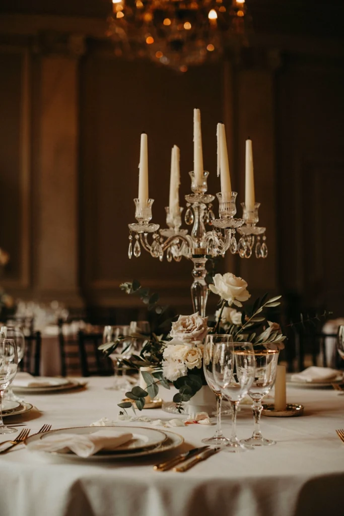 Crystal candelabra with dripping ivory taper candles on wedding table