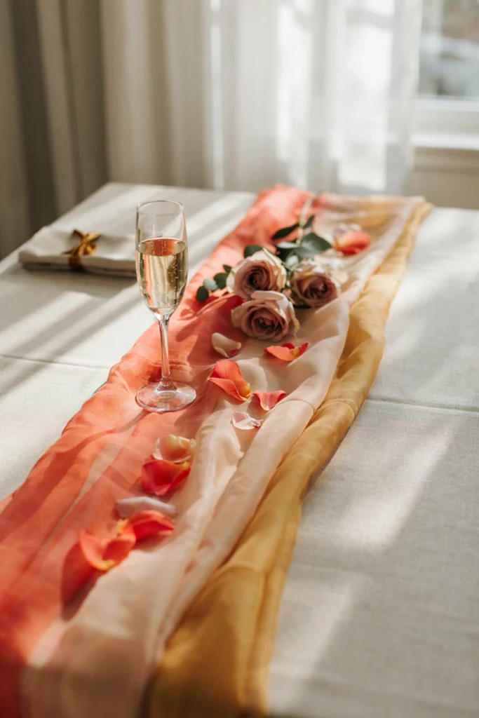 A close-up of a flowing, semi-transparent silk table runner in ombré peach-to-gold, laid over a plain neutral tablecloth, with the fabric catching and diffusing warm light