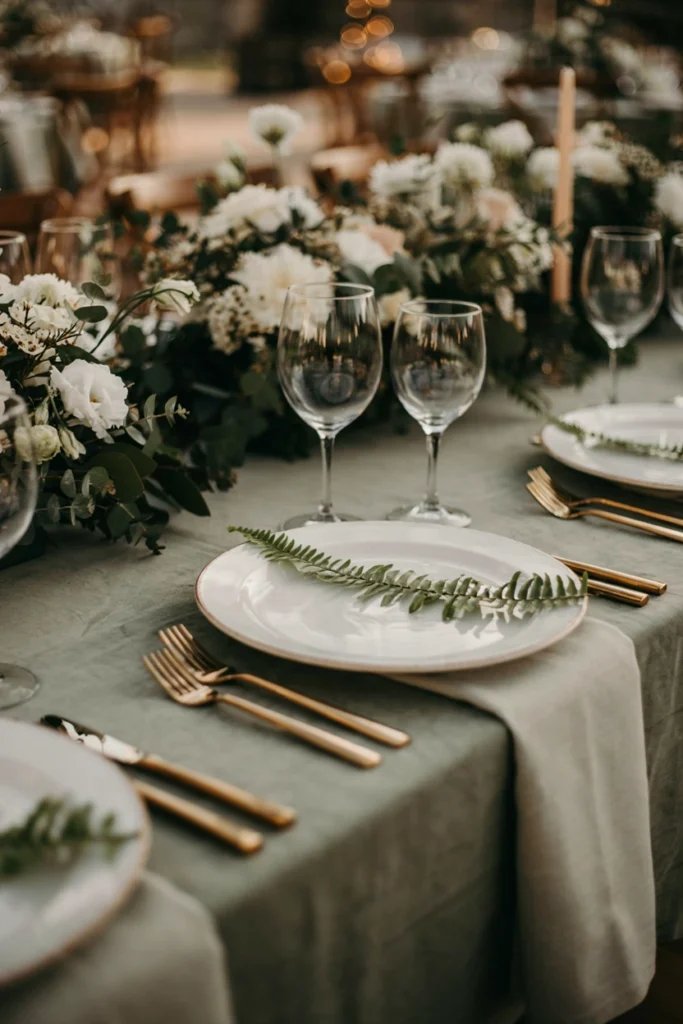 Ivory charger plate with a gilded fern frond accent for a black-tie wedding table