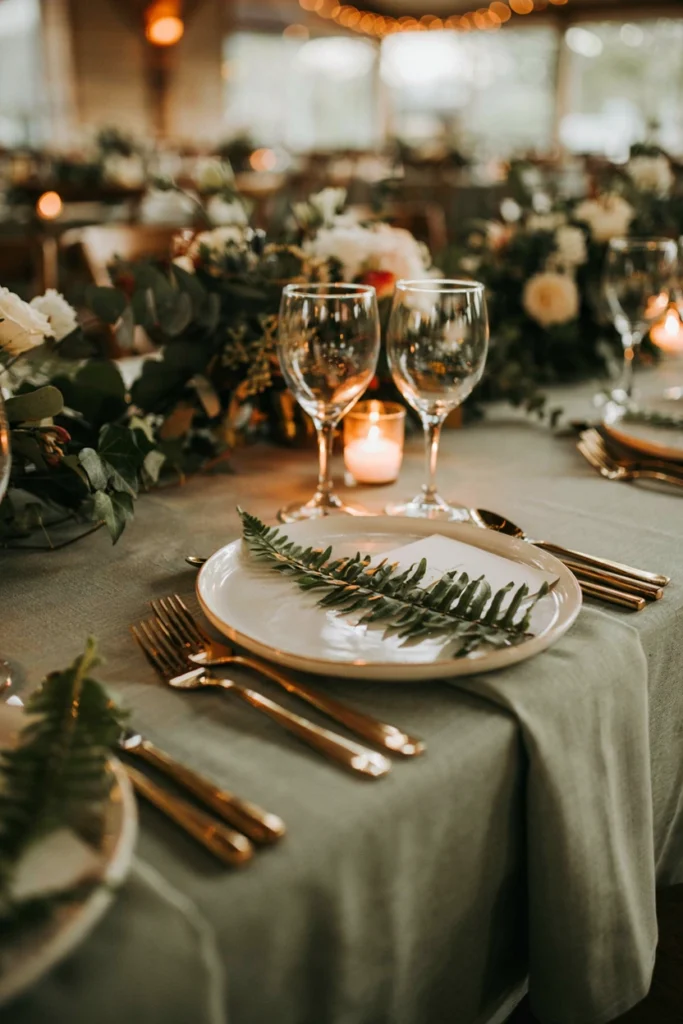 Ivory charger plate with a gilded fern frond accent for a black-tie wedding table
