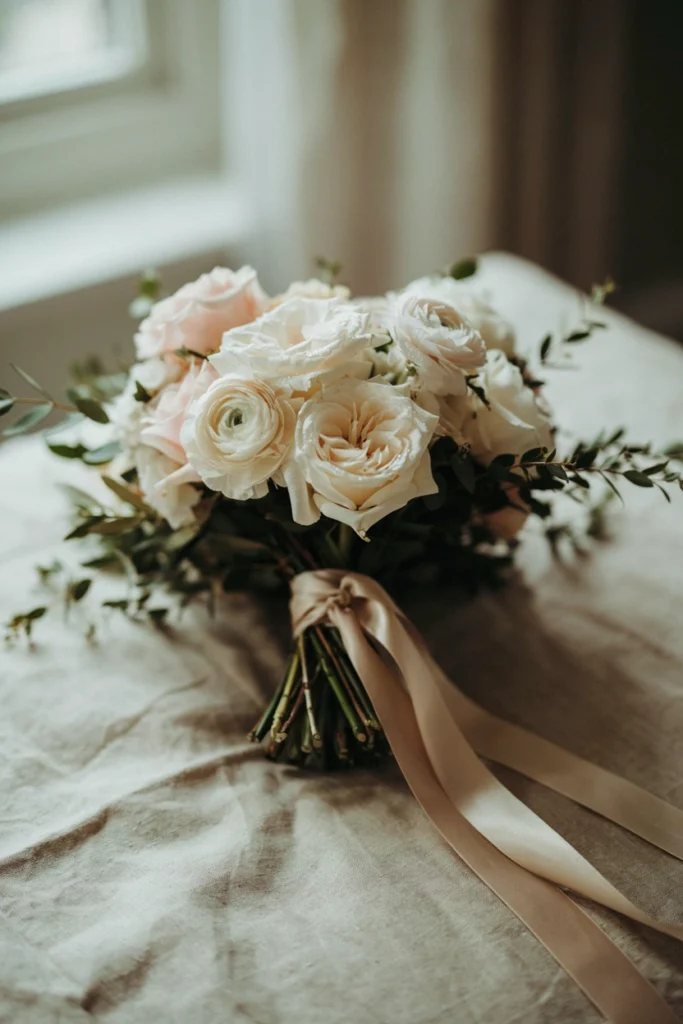 Bride's bouquet of ivory garden roses wrapped in a wide champagne silk ribbon with a trailing tail