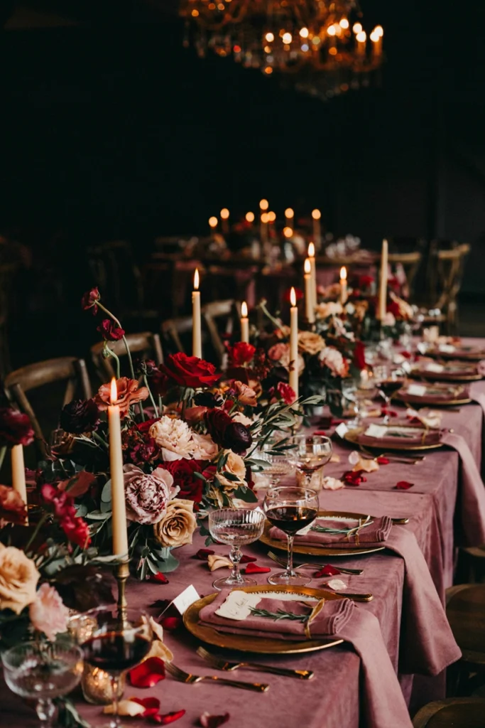 A moodier table with black or deep plum linen, gold accents, and a floral mix of deep red roses and soft apricot garden roses