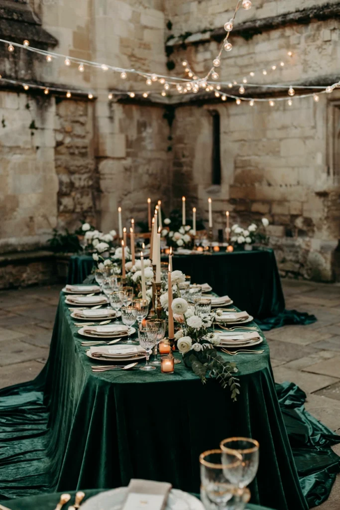 Emerald velvet table linen with ivory candlesticks for a luxury wedding reception