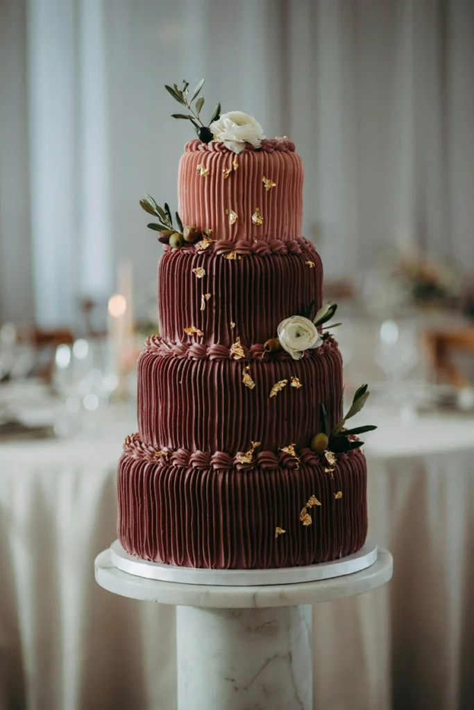 Bridgerton-inspired ruffled plum ombré wedding cake with gold leaf and olive sprigs