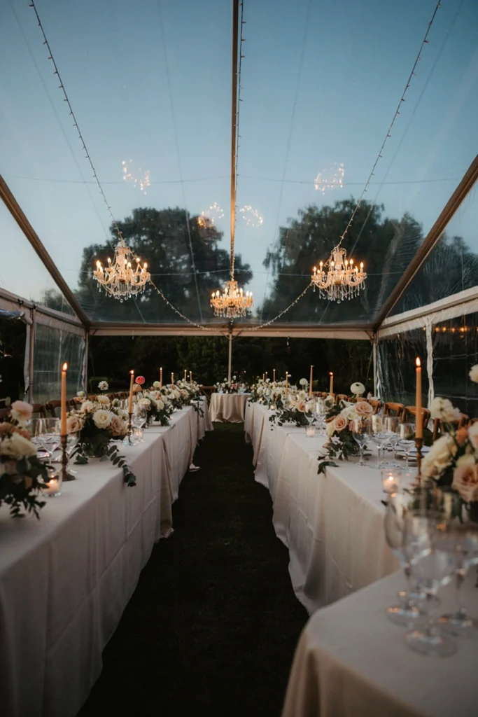 Crystal chandeliers suspended over long wedding reception table