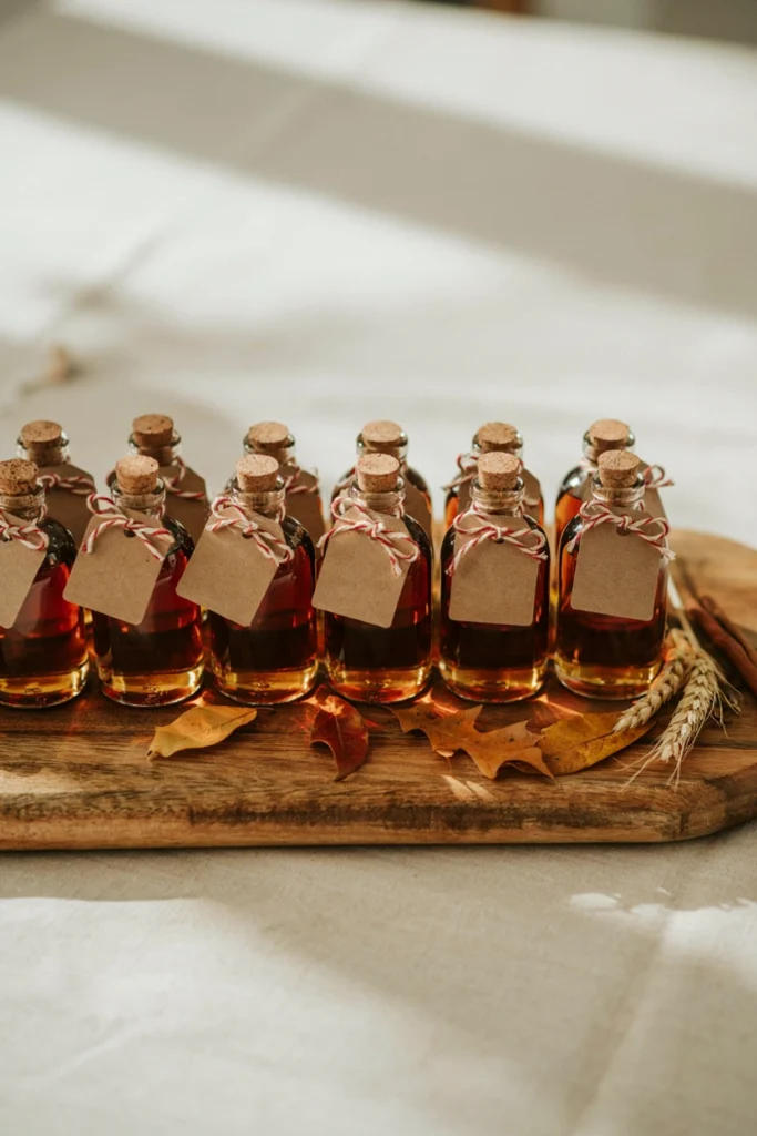 Maple syrup mini bottle wedding favors with kraft labels and twine