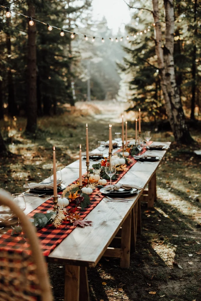 Buffalo plaid table runner laid over a raw wood picnic table at a fall campground wedding