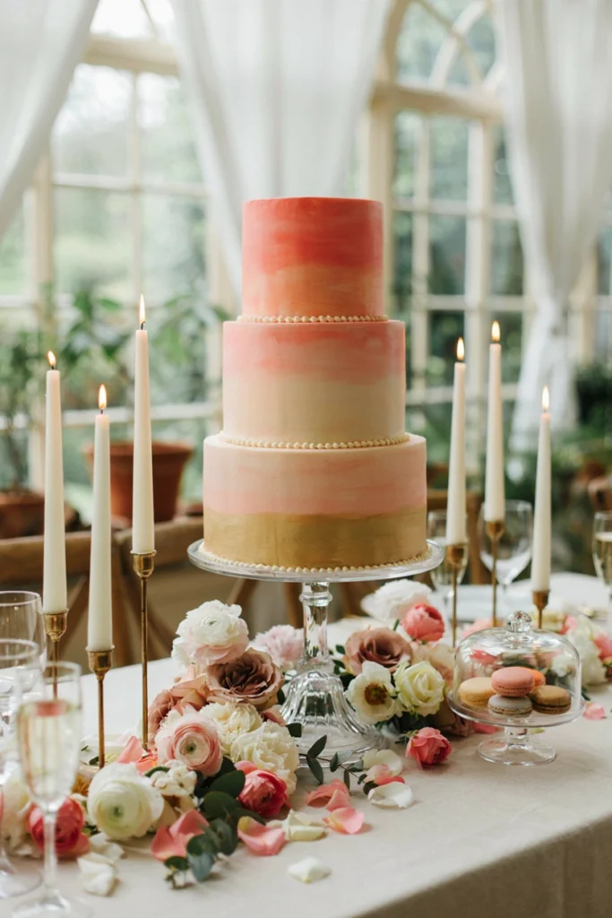 A tiered cake with a hand-painted watercolor ombré effect moving from deep coral at the base to soft gold near the top, framed by fresh flowers and candlelight