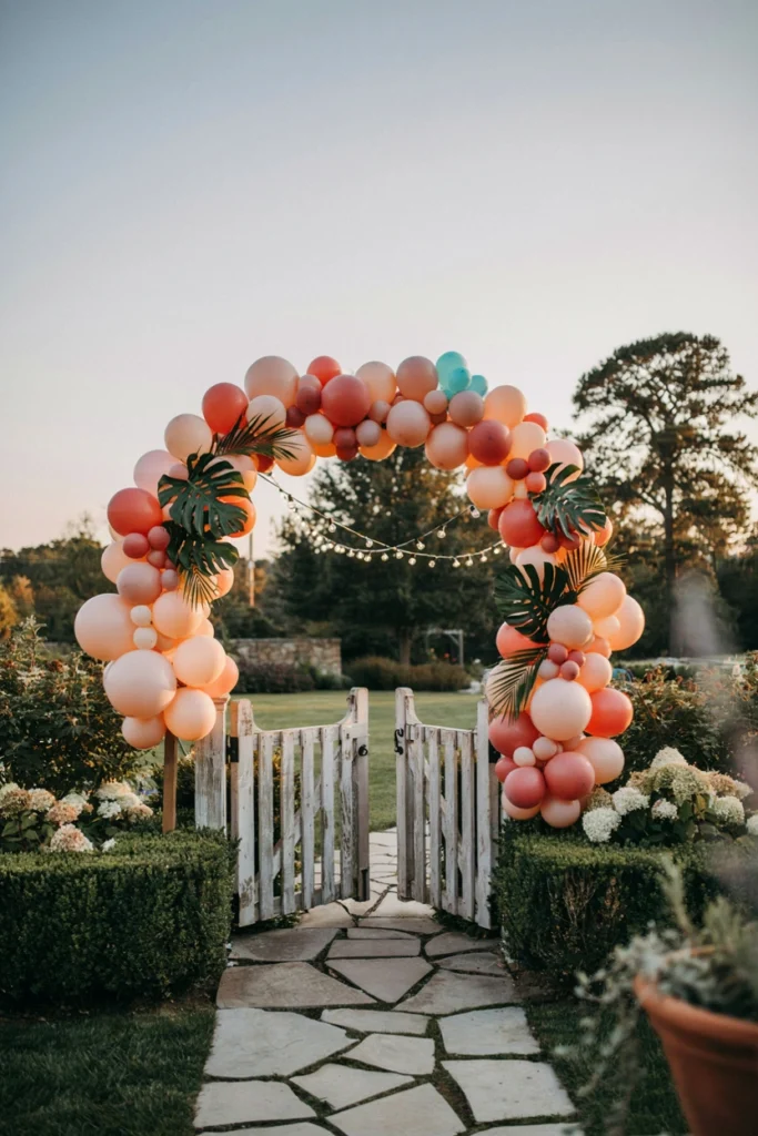 A doorway or backyard entrance framed by an organic balloon arch in coral, peach, blush, and a single aqua accent, with a few oversized tropical leaves tucked in