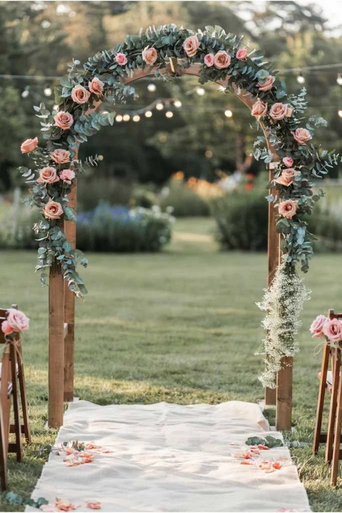 Wooden wedding ceremony arch wrapped in a eucalyptus garland studded with blush garden roses
