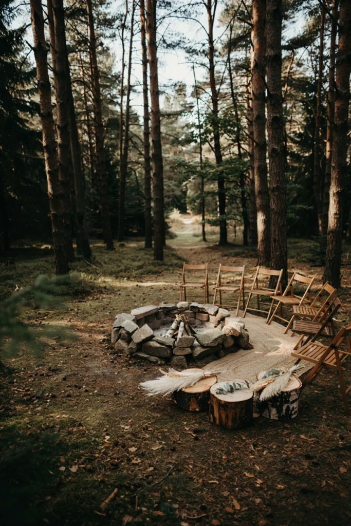 Guests seated in a circle directly around a fire pit for an intimate wedding ceremony