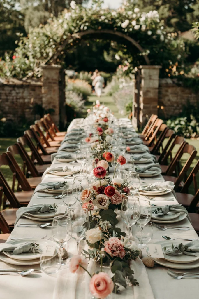 Raspberry and dusty blue centerpiece with silver candle holders on a pale gray tablecloth