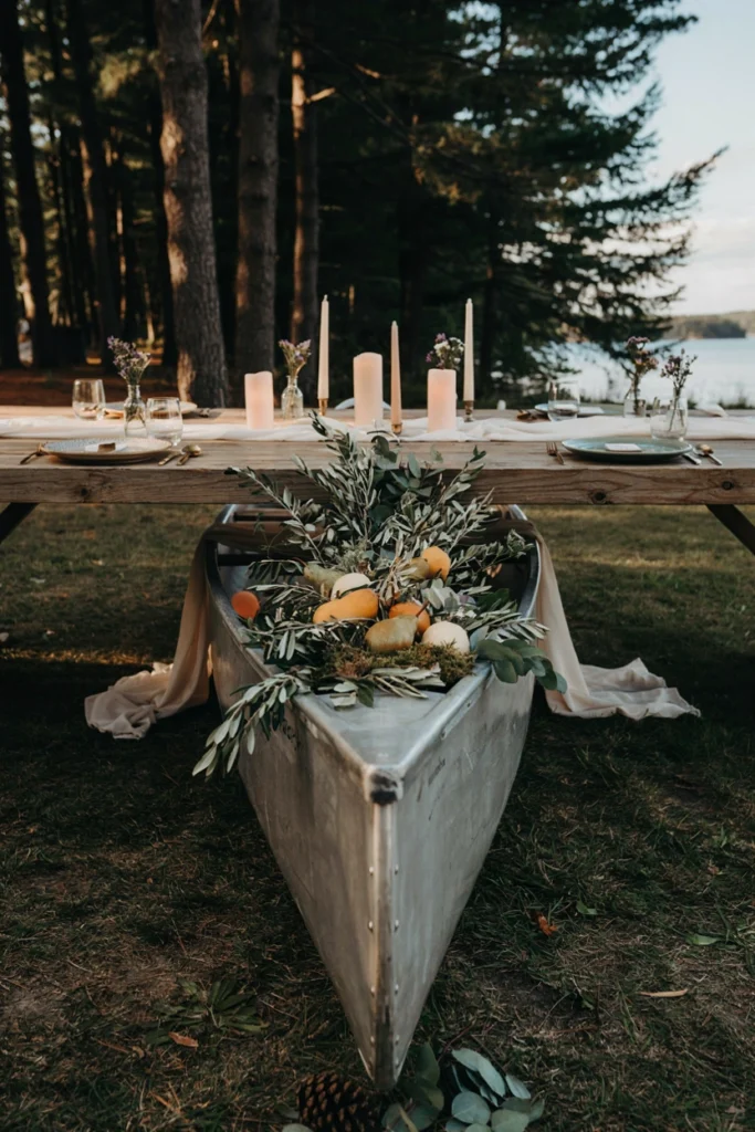 Canoe laid flat down the center of a reception table as a centerpiece, filled with greenery and candles