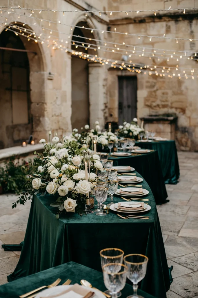Emerald velvet table linen with ivory candlesticks for a luxury wedding reception