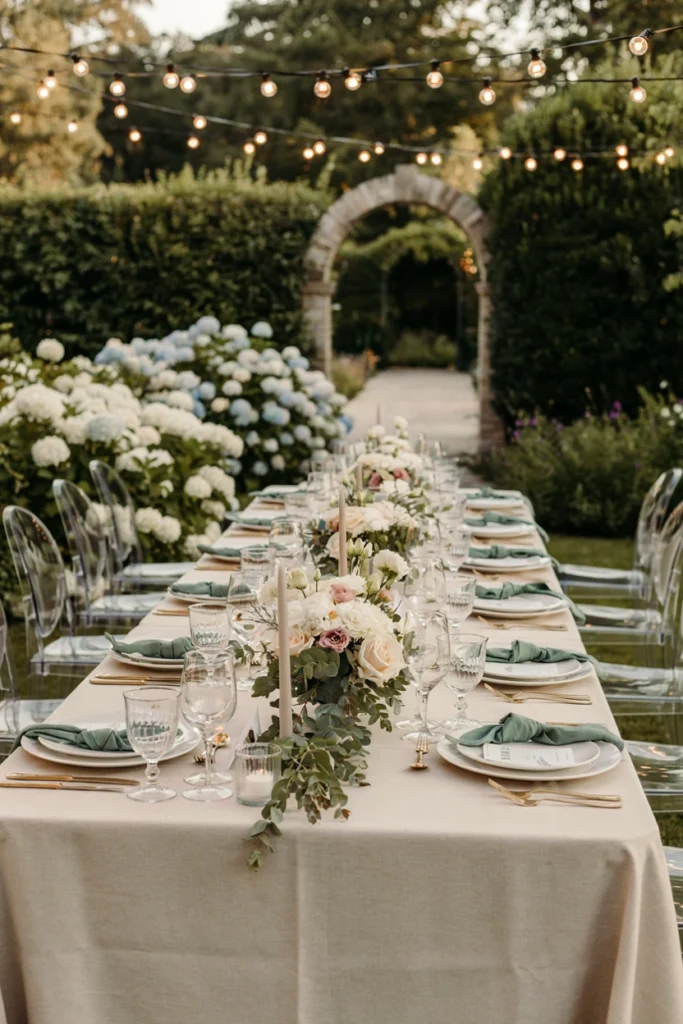Cascading eucalyptus and white garden rose table runner for a wedding reception