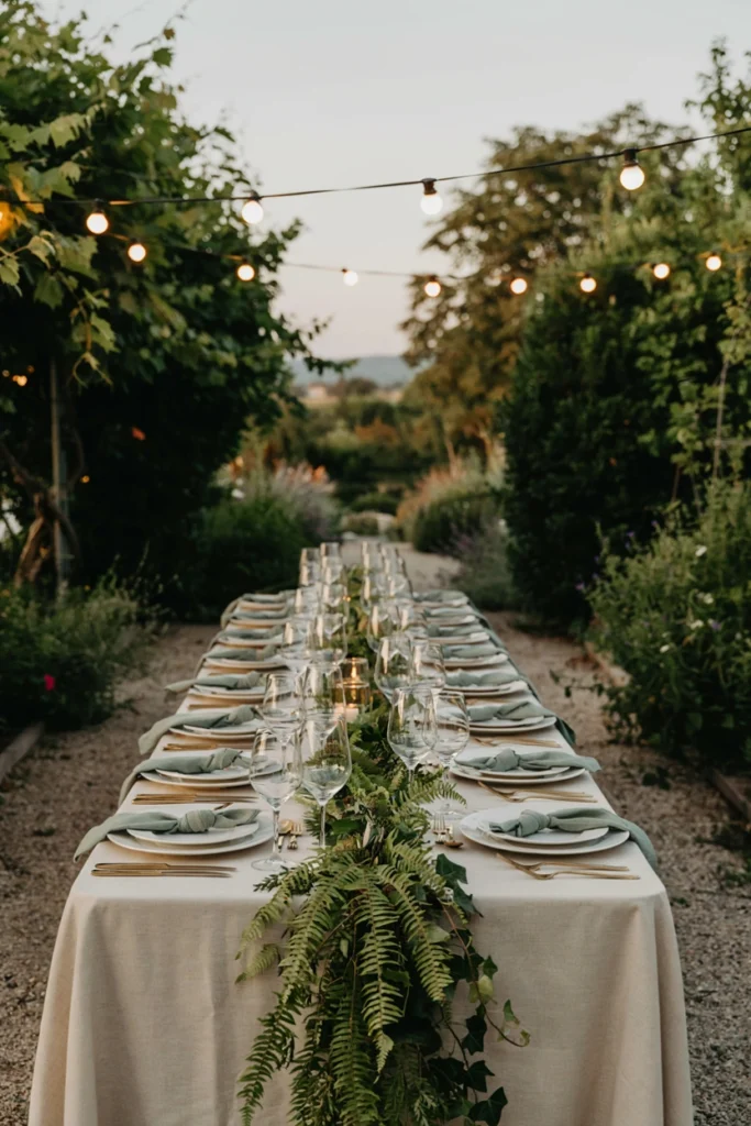 Sage ranunculus centerpiece with ivory taper candles in brass holders for a wedding table