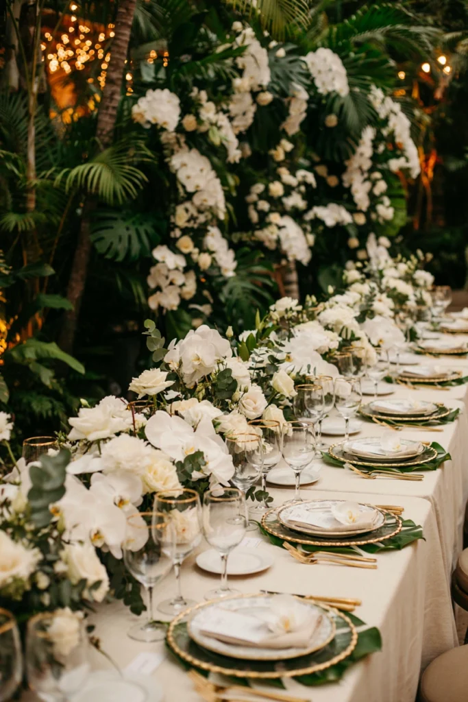 Emerald velvet table linen with ivory candlesticks for a luxury wedding reception
