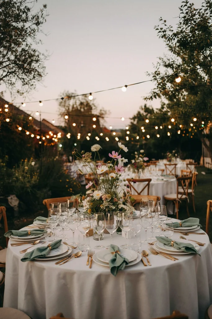 Mismatched green glass bud vases with white cosmos flowers for a boho wedding table