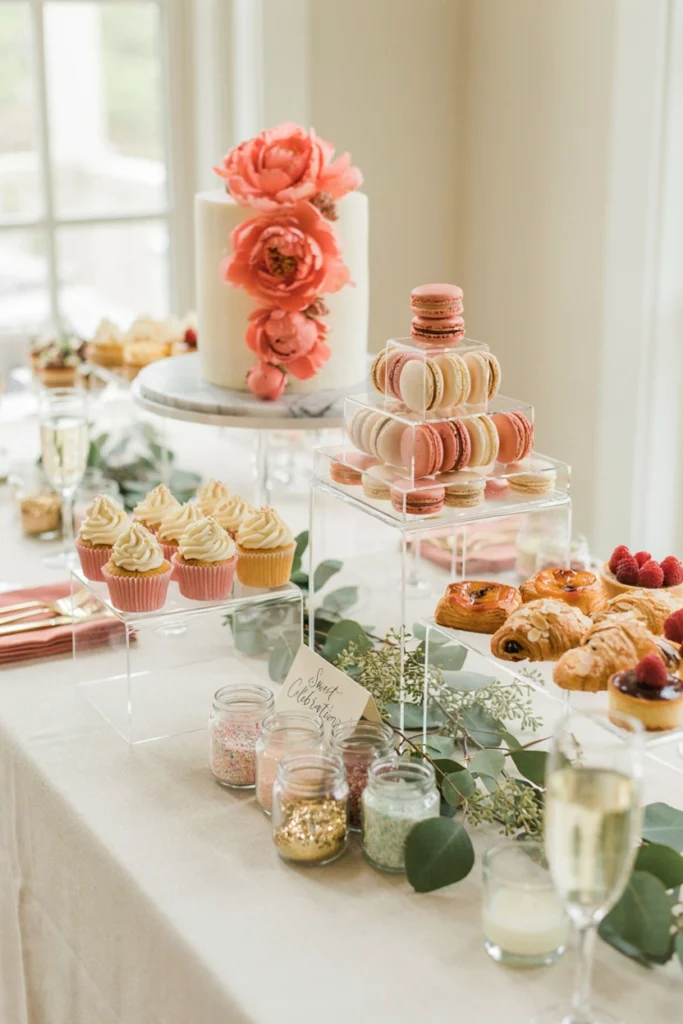 Clear acrylic dessert stands at varying heights holding colorful sweets, with the transparency letting the sunset palette stay the visual focus