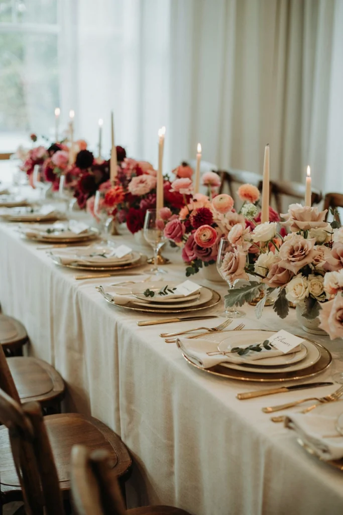 Monochromatic tablescape with a floral gradient running from deep wine through raspberry to pale blush