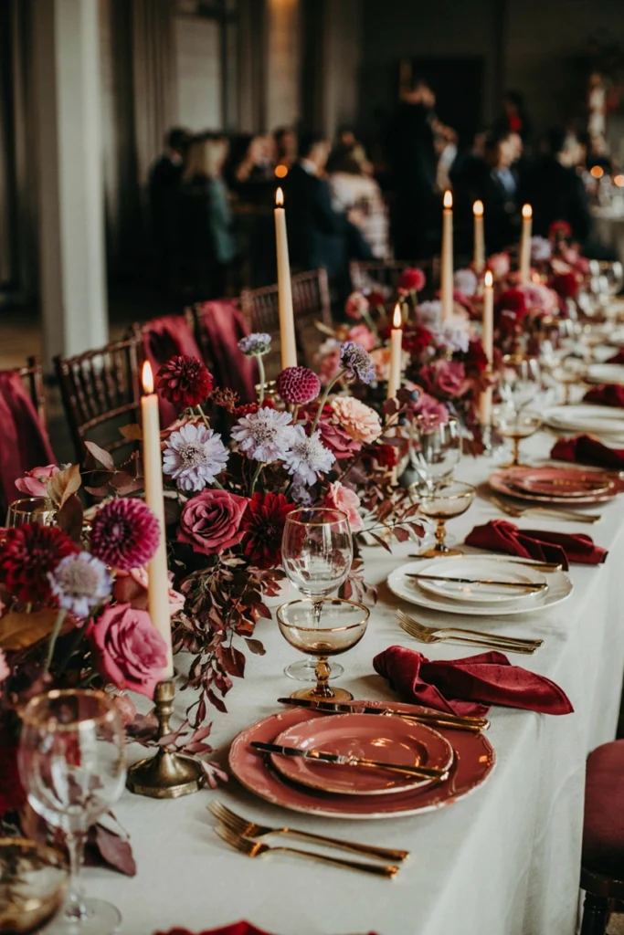 Jewel-toned reception table with raspberry and deep plum florals, gold flatware, and velvet napkins