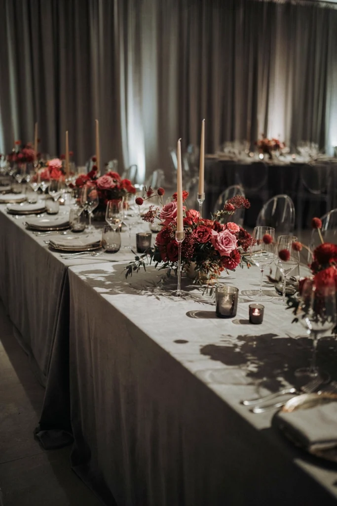 Navy and raspberry reception table with cream linens and brass candlesticks