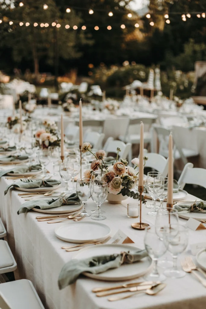 Sage ranunculus centerpiece with ivory taper candles in brass holders for a wedding table