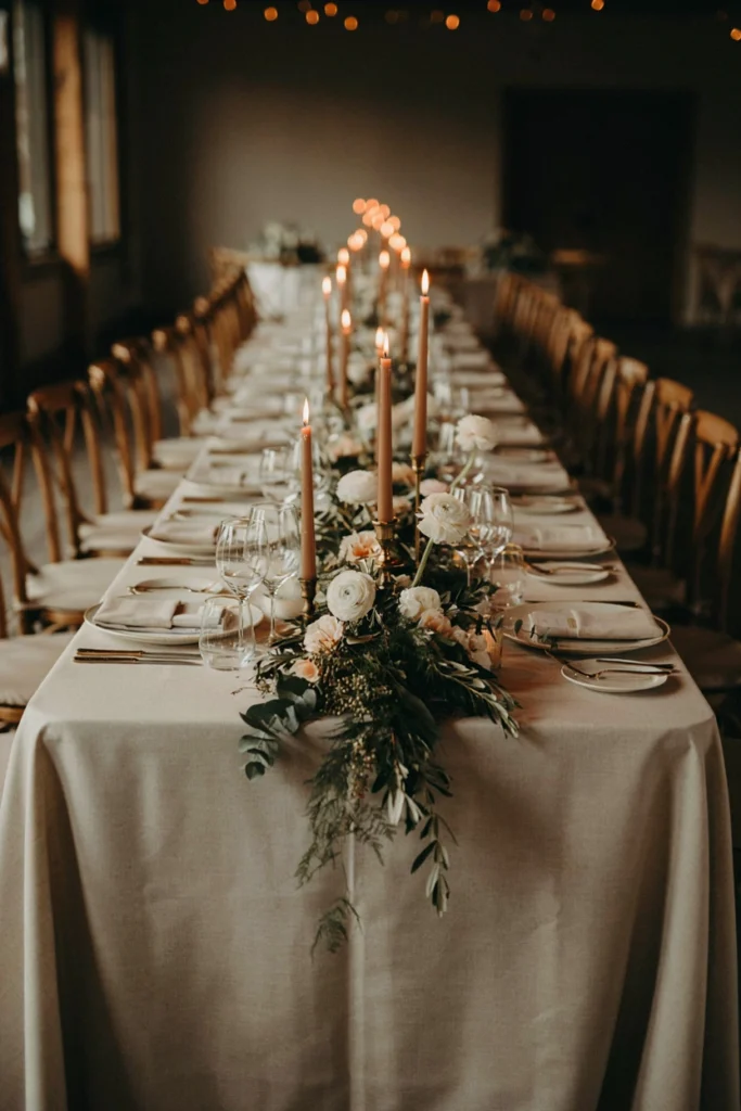 Ivory ranunculus and greenery garland running down a long wedding banquet table with taper candles