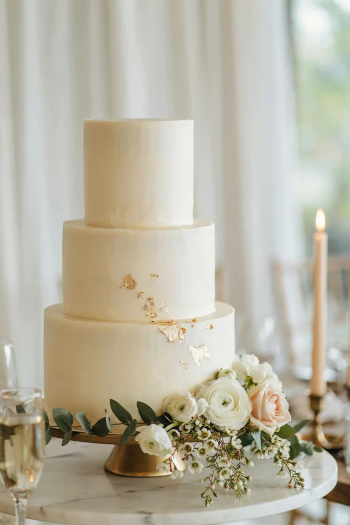 Three-tier champagne buttercream wedding cake with torn gold leaf on the bottom tier