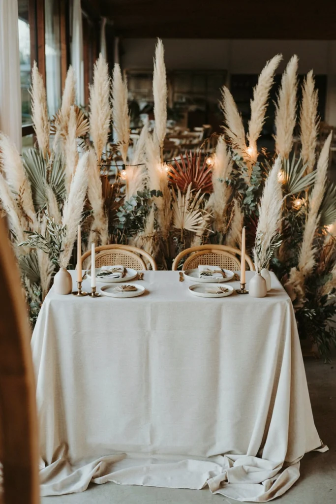 Wedding sweetheart table backed by a pampas grass and dried palm frond garland with string lights