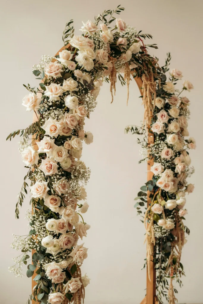 Ceremony arch cascading with ivory garden roses, cream ranunculus, and trailing amaranthus