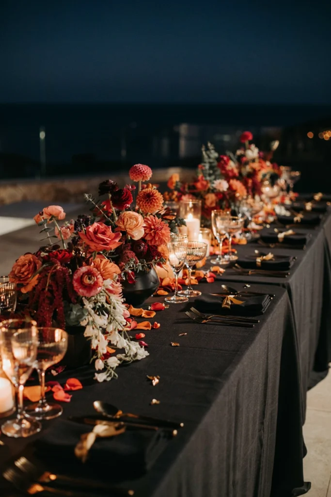 A table with a matte black tablecloth, gold flatware, and jewel-toned pink and orange floral arrangements with candlelight