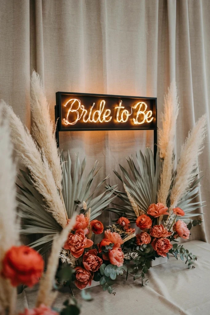 A soft neon-style LED sign reading the bride's name or "Bride to Be" in a warm amber glow, mounted against a wall with dried palm fronds or pampas grass framing it