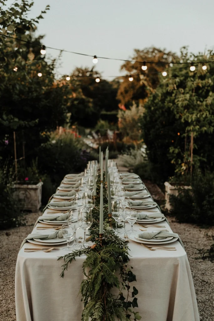 Fern and ivy garland table runner with candles nestled into the greenery, no flowers