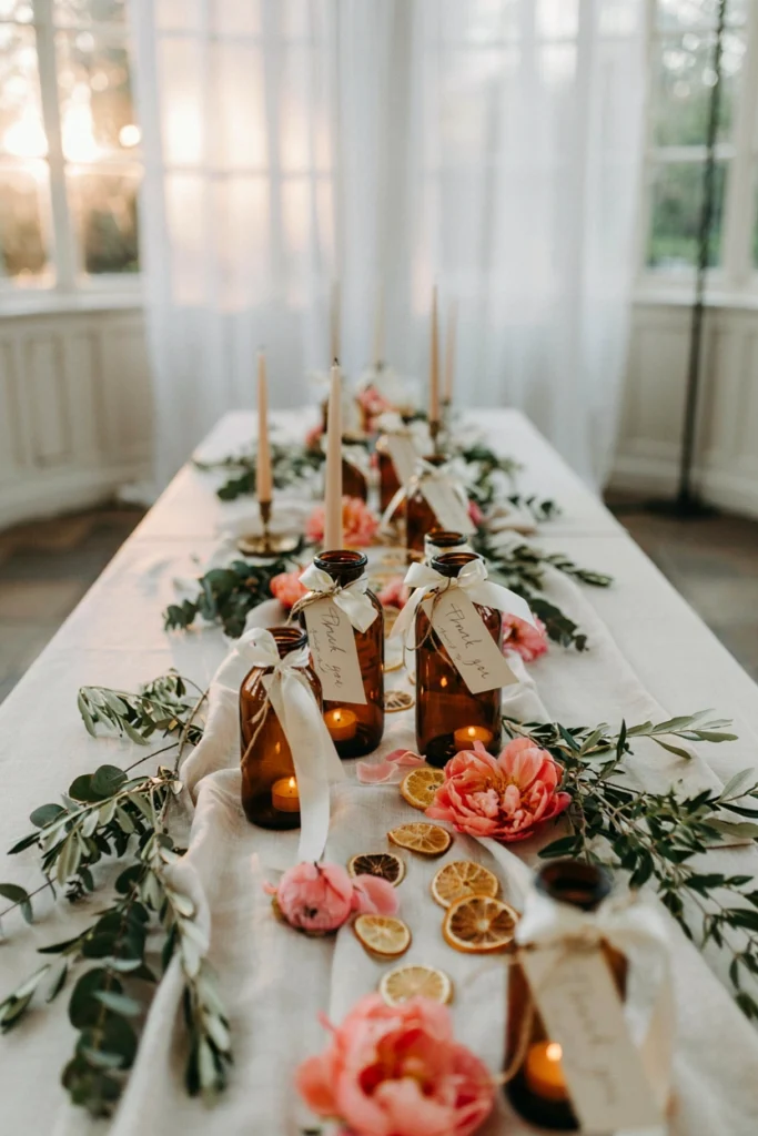 A small favor table with mini candles in amber glass jars, tied with ribbon, alongside a handwritten thank-you tag, arranged near dried citrus slices