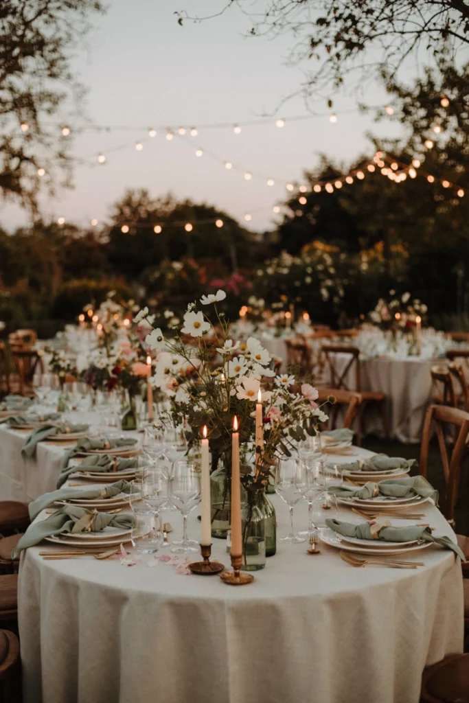 Mismatched green glass bud vases with white cosmos flowers for a boho wedding table