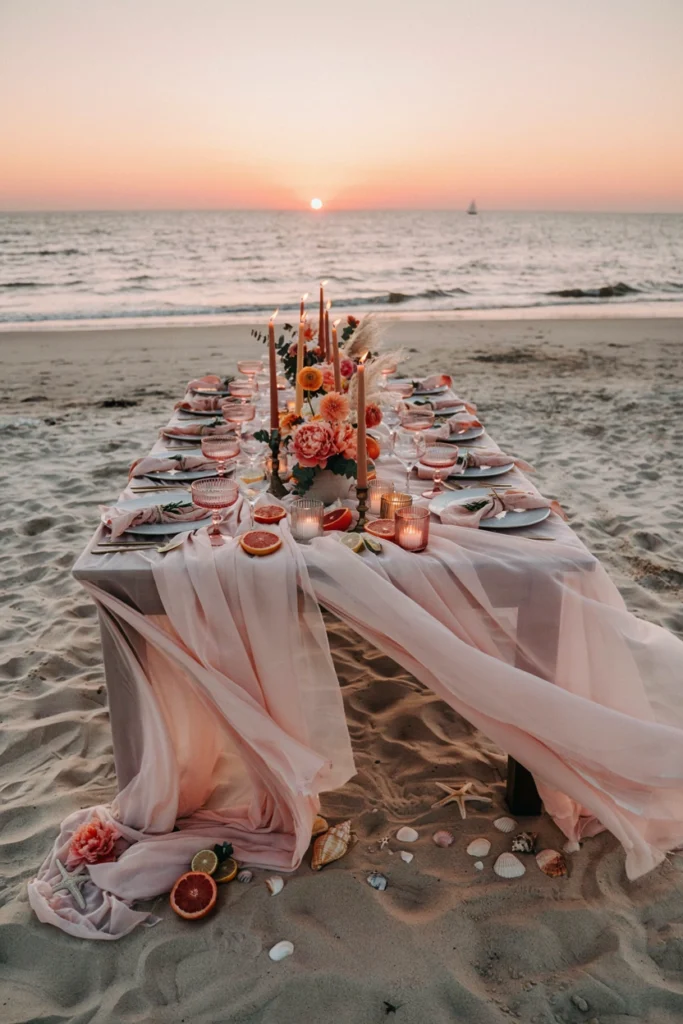 A long table on sand or a rooftop with sheer blush linens, candlelight, citrus slices scattered as décor, and pink glassware catching the low evening sun