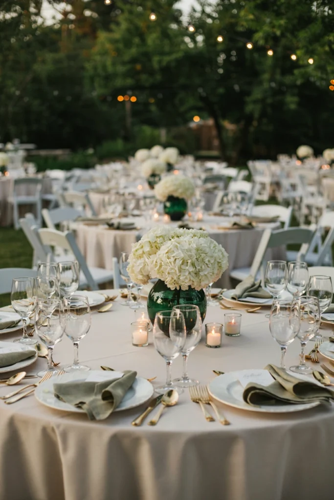 White hydrangea globe centerpiece in an emerald glass vase on a wedding table