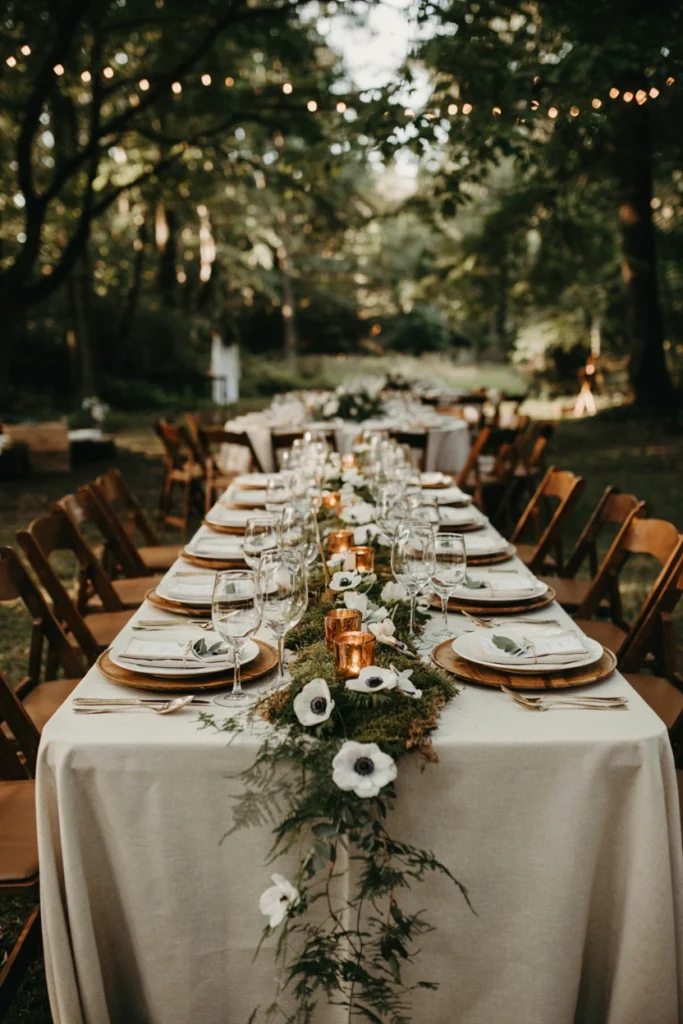 Moss-covered centerpiece base with white anemones for a woodland wedding table