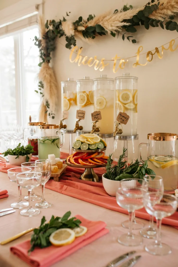 A self-serve mocktail station with sparkling lemonade, sliced citrus, fresh herbs, and pretty non-alcoholic garnishes in a coral-and-gold color scheme