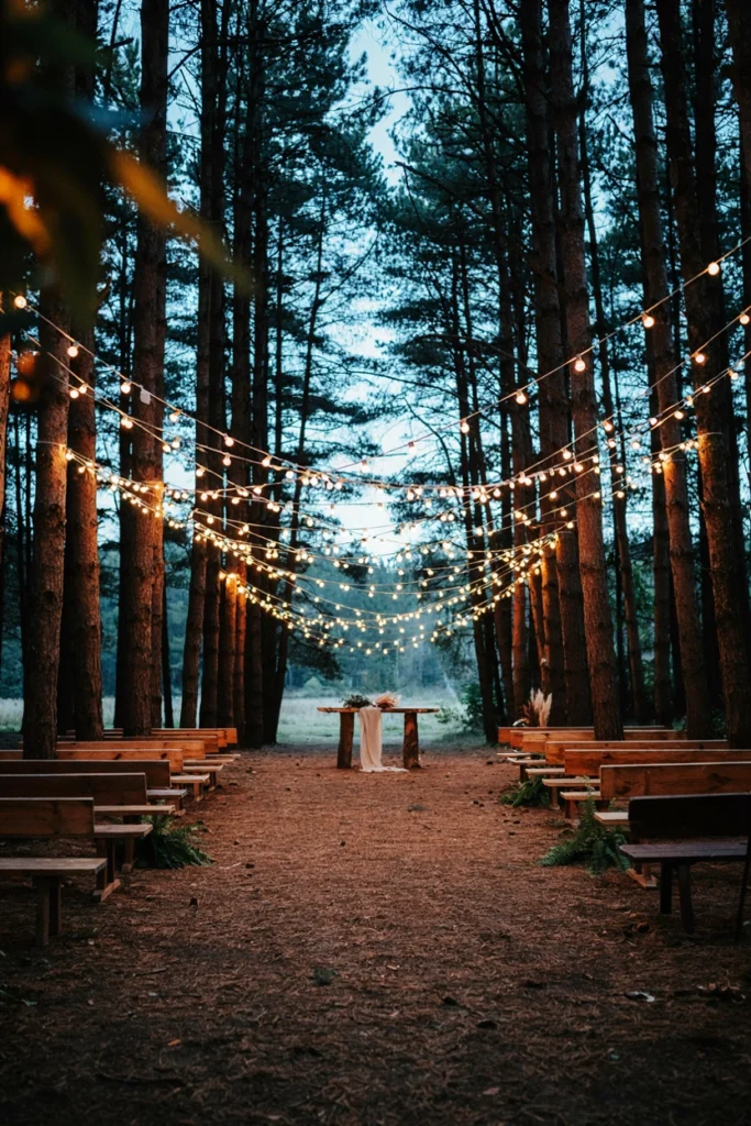 Overhead string lights crisscrossed between trees forming a glowing canopy above a wedding ceremony aisle at dusk