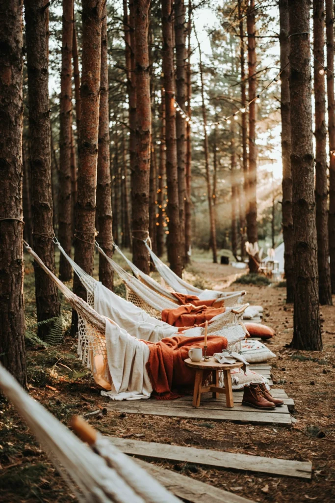 Cluster of hammocks strung between trees at the edge of a campground wedding reception