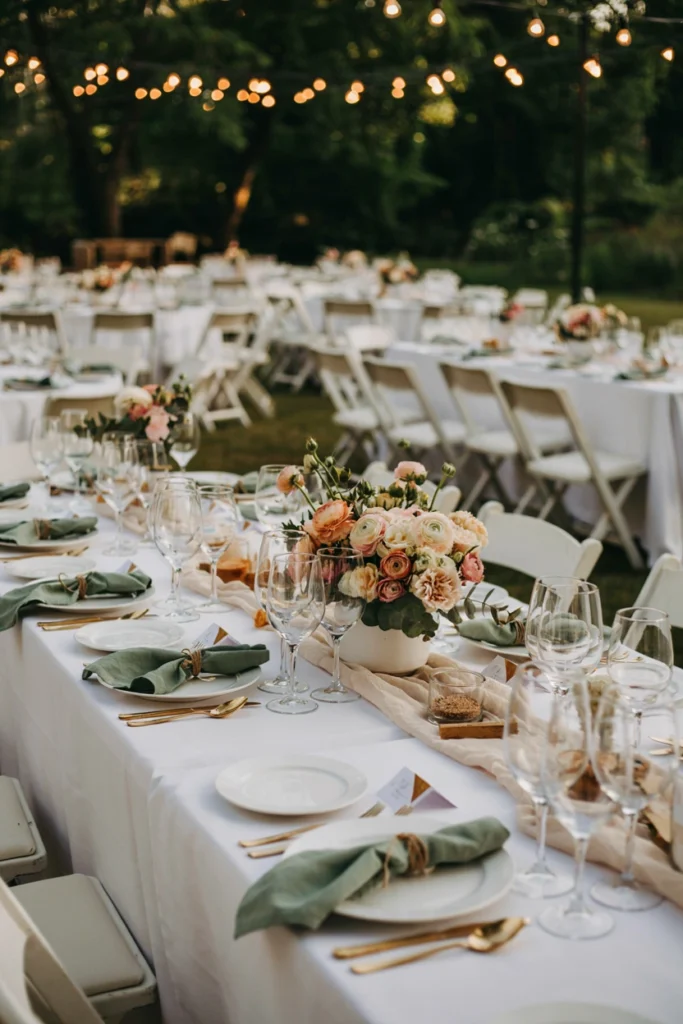 Sage ranunculus centerpiece with ivory taper candles in brass holders for a wedding table