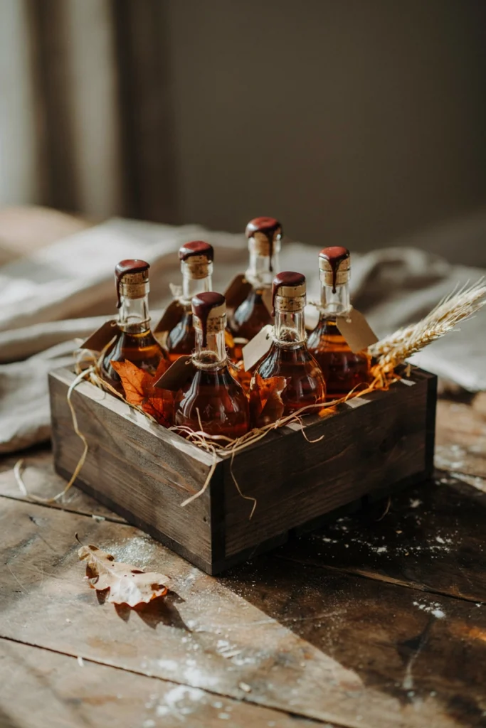 Salted caramel bourbon mini bottle wedding favors with wax-dipped corks