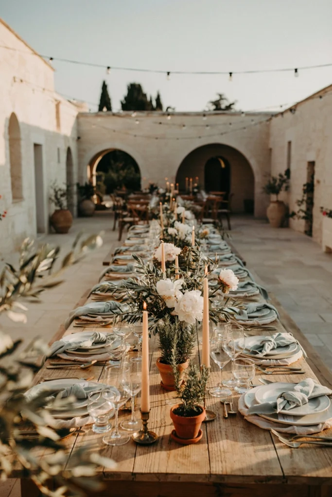 Olive branch and white peony low centerpiece on a wooden farm table