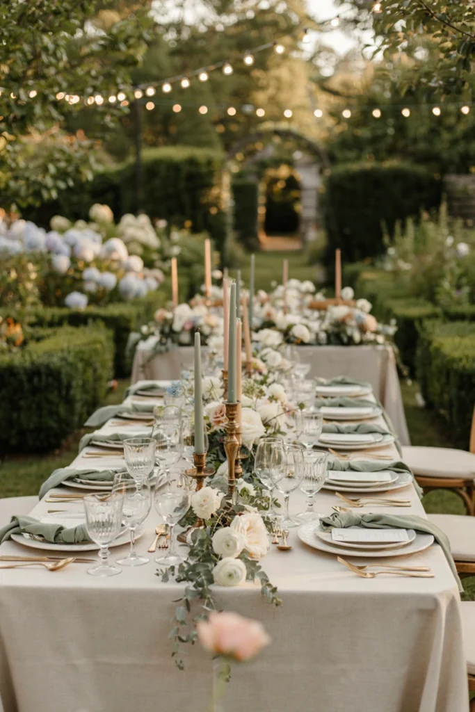 Cascading eucalyptus and white garden rose table runner for a wedding reception