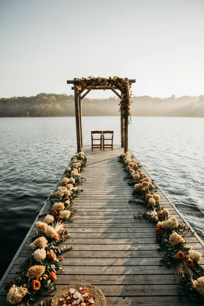 Wooden wedding arch on a lake dock decorated with cream hydrangeas and rust garden roses