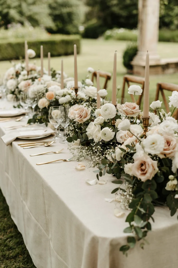 Long wedding table with cascading ivory garden rose garland and candlelight