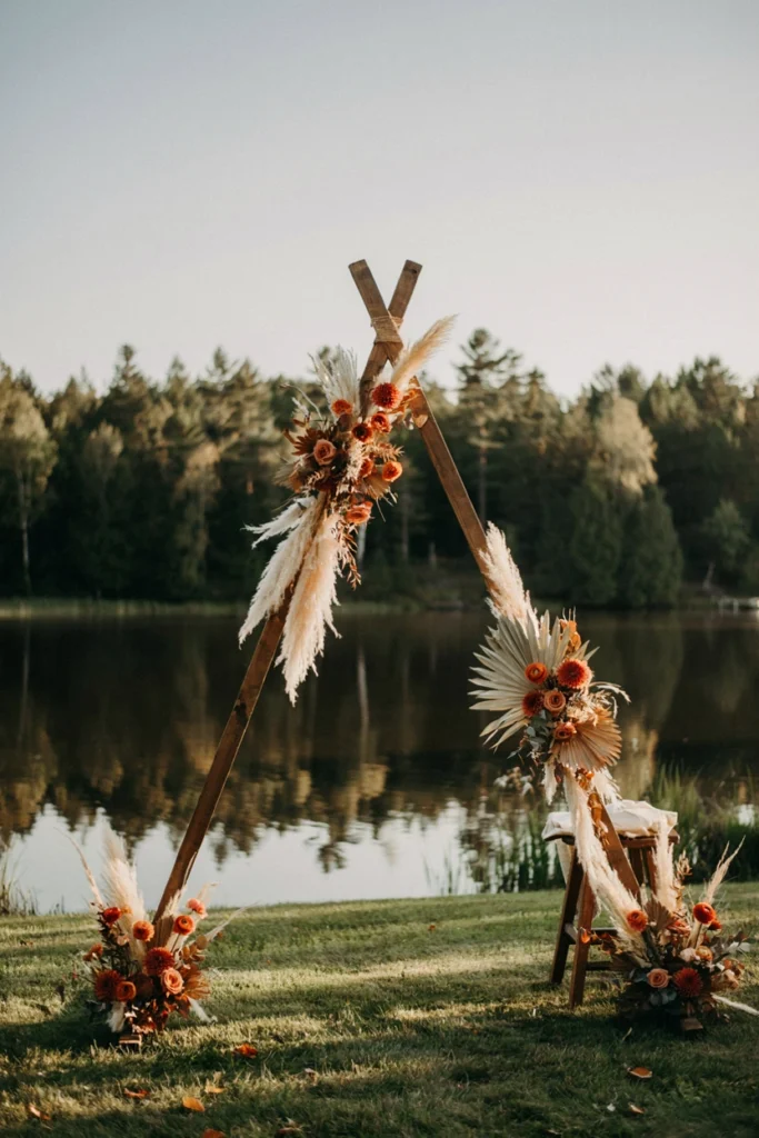 Angular wooden triangle wedding arch decorated with pampas grass and dried palms near a lakeshore