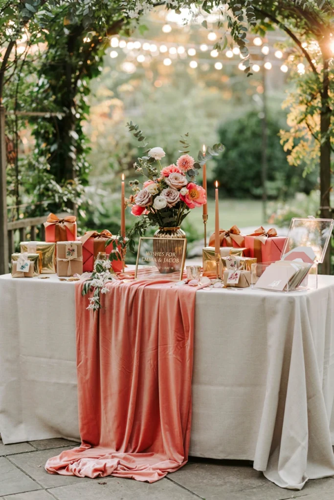 A gift table with a coral-and-gold runner, a small floral arrangement, a "gifts" sign in matching lettering, and a simple card box tucked to the side